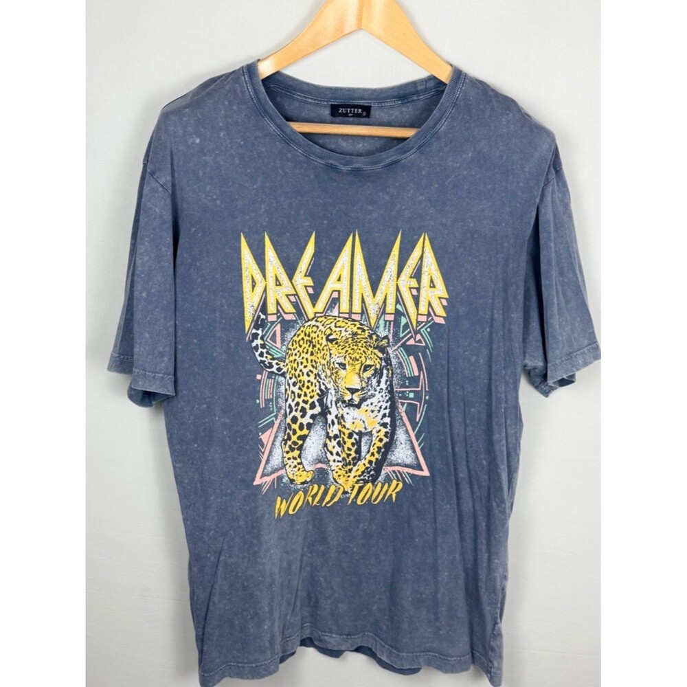 Zutter Dreamer World Tour Oversized Graphic Tee Leopard Acid Wash Blue Unisex S